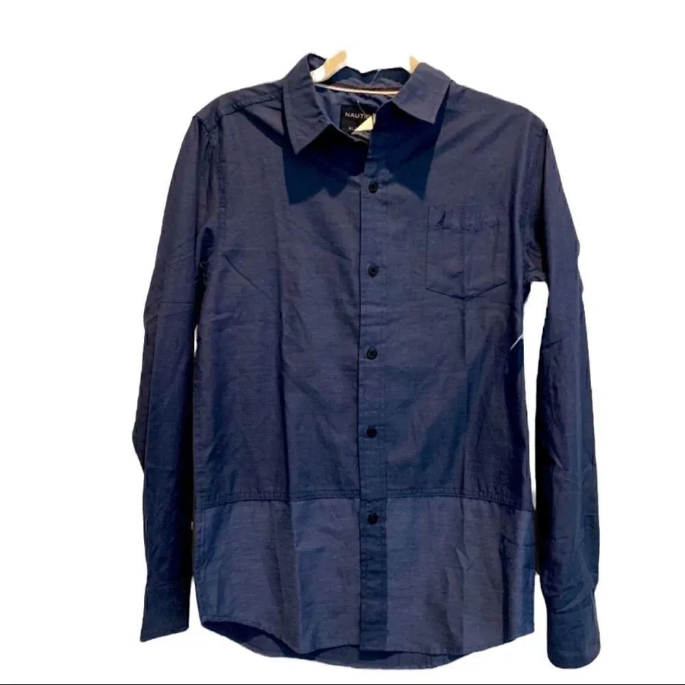 Nautica Button-Down Collared Navy Blue ColorBlock Untuck Shirt Boy’s XL NWT